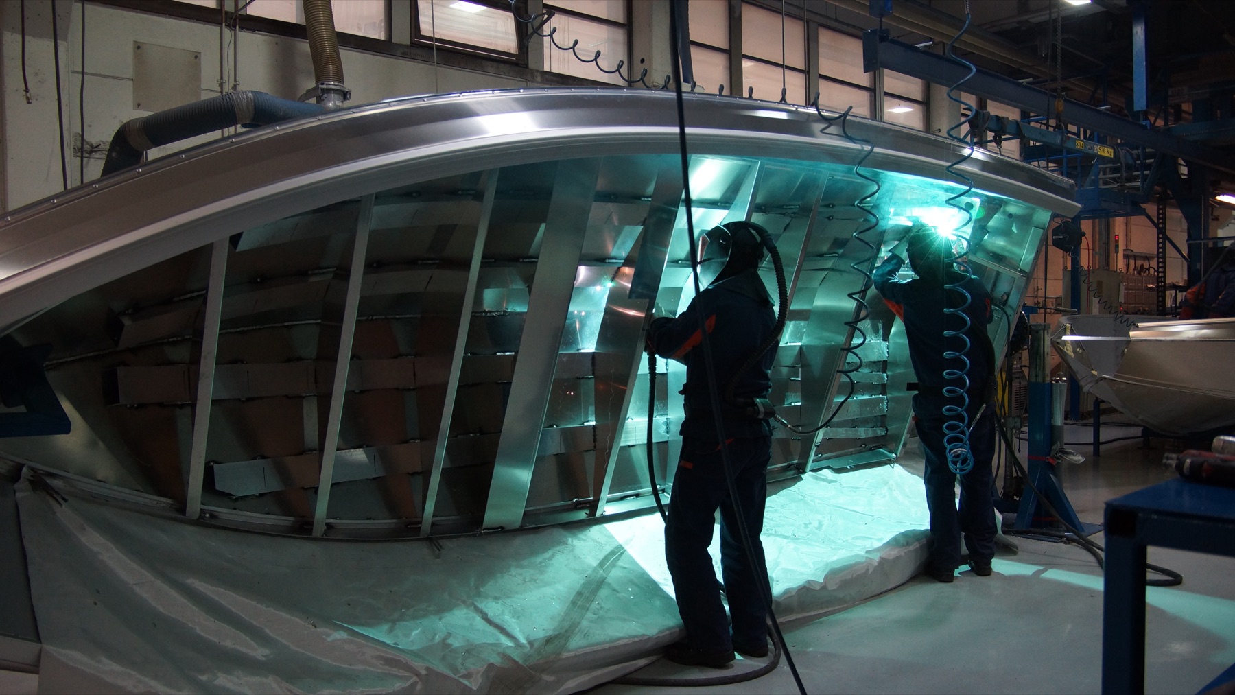 Aluminium boat welding in progress
